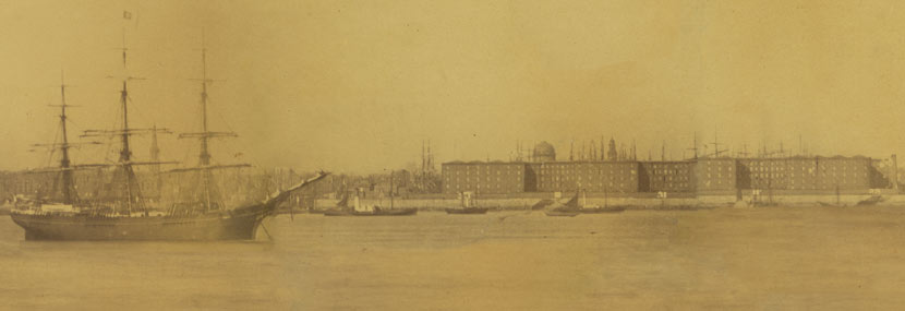A panorama image of the Albert Dock taken in the 1860s.