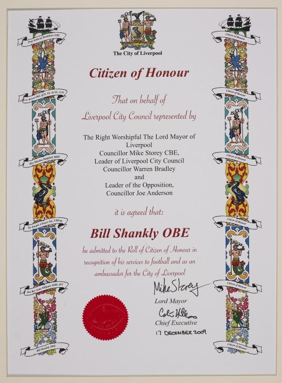 Honorary Citizen Of Liverpool certificate awarded to Bill Shankly card