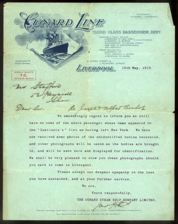 Correspondence re Joseph and Alice Bishop, lost in sinking of Lusitania. card