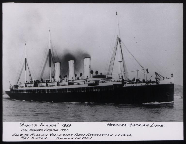 Photograph of Augusta Victoria (r/n Auguste Victoria, Kuban), Hamburg Amerika Line card