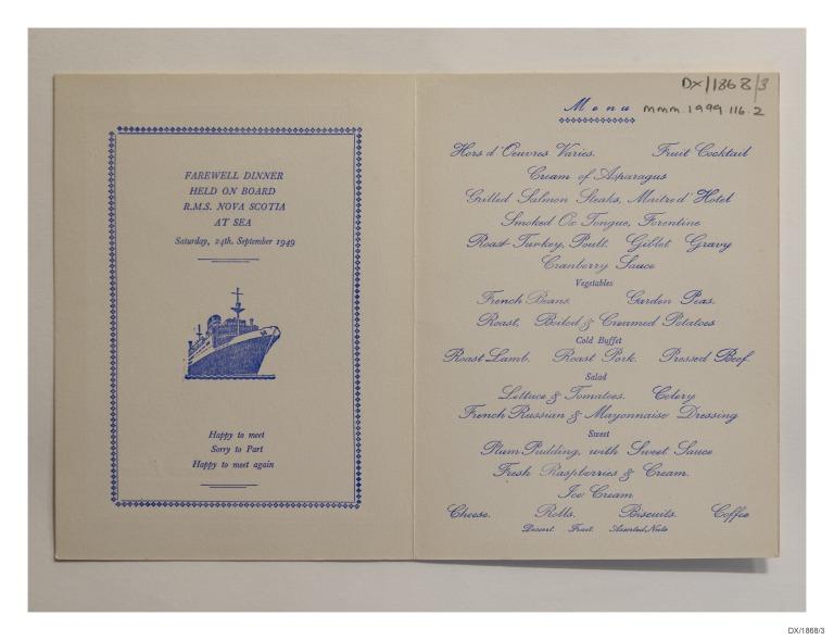 Printed menu from ship, RMS Nova Scotia, Furness Lines card