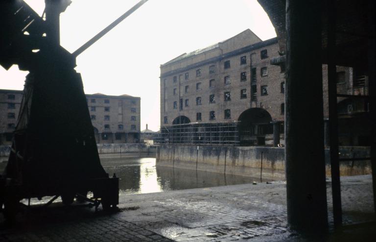 Photograph of Albert Dock, Liverpool, Block C, north end later Tate Liverpool and Block D, later Merseyside Maritime Museum from quayside of Block E. card