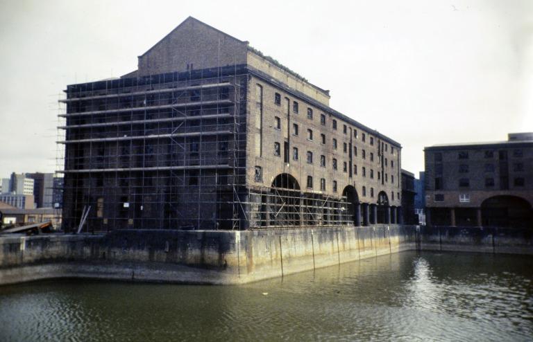 Photograph of renovation of Albert Dock, Liverpool, Block D, later Merseyside Maritime Museum with cold storage roof addition. card