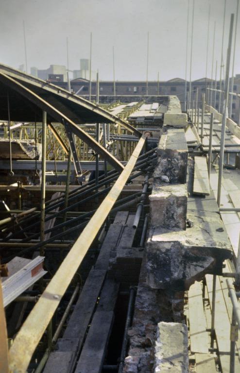 Photograph of renovation of Albert Dock, Liverpool, Block D, later Merseyside Maritime Museum, north west hipped end of roof. card