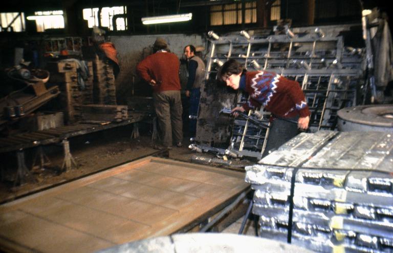 Photograph relating to renovation of Albert Dock, Liverpool, Block D, later Merseyside Maritime Museum of Keighley Foundry, Yorkshire, preparing casting sand moulds for casting replica windows for Block D. card