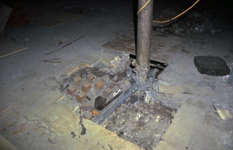 Photograph of renovation of Albert Dock, Liverpool, Block D, later Merseyside Maritime Museum, new sub-floor steel collar and arms, ties, to cast iron columns replacing existing similar iron. card