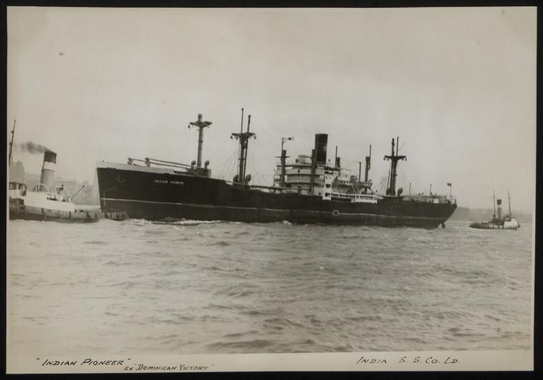 Photograph of Indian Pioneer (ex Dominican Victory), India Steamship Company card