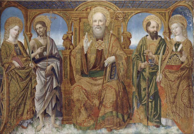 Saint Benedict enthroned between Saints Catherine and John the Baptist, Saints Paul and Giustina card