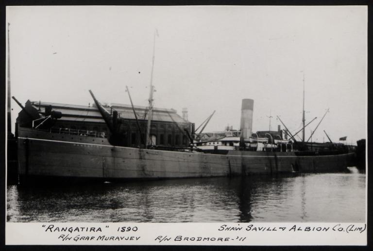 Photograph of Rangatira (r/n Graf Muravjev, r/n Brodmore), Shaw Savill and Albion Company Ltd card