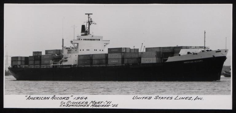 Photograph of America Accord (ex Pioneer Mart, Sunflower Mariner), United States Line card