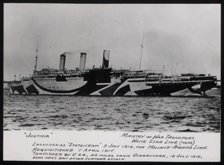 Photograph of Justicia (ex Statendam), White Star Line card