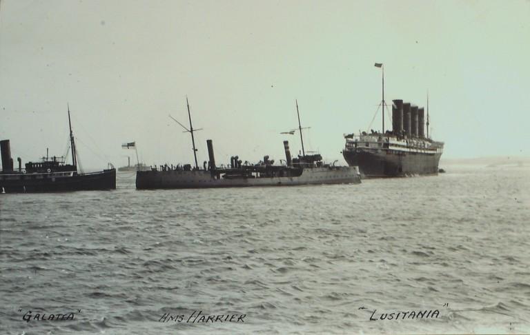 Photograph of Galatea, HMS Harrier, Lusitania card