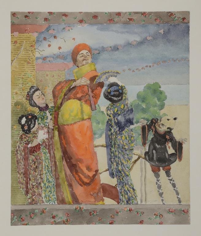 Costume and Set Design for a Prisoner of War Camp Performance of the Mikado card
