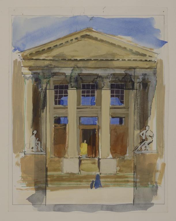 Working Drawing for 'The Walker Art Gallery' - Portico and Steps with Statues with Outline around Final Format and Figures on Steps card