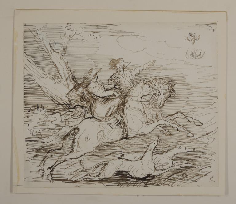 Lady and Cavalier Out Hunting with Hounds card