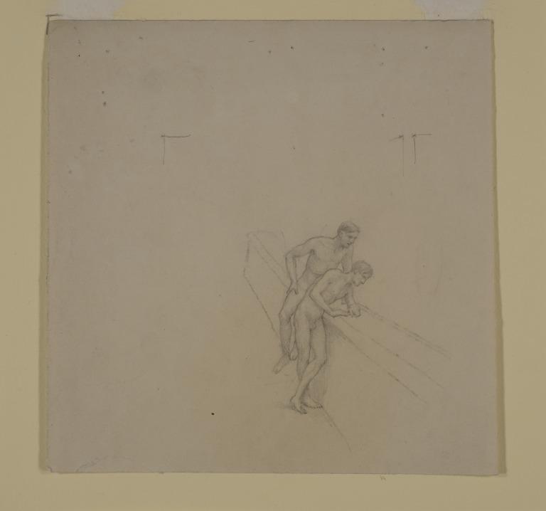Two Male Nude Figures Looking Over a Balcony card