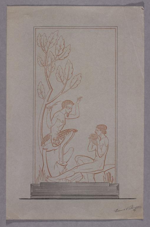 Apollo and Faun(?), Design for Relief Sculpture in Foyer of Philharmonic Hall card