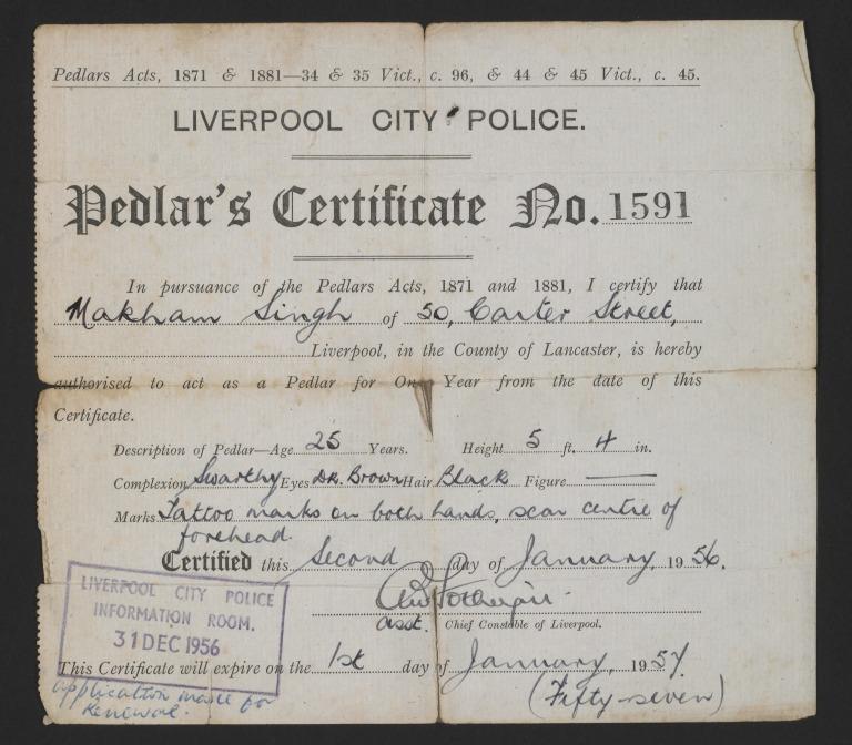 Makhan Singh's Pedlar's Certificate No 1591 card
