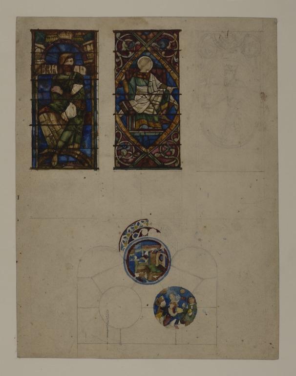 Stained Glass Study : Two Saints and Small Window Panels (Recto); Seated Saint Holding Orb (Verso) card