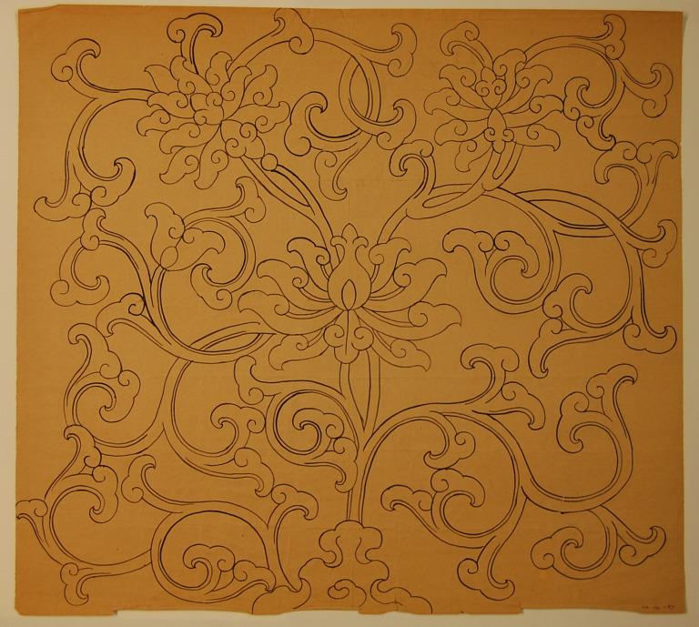 Ink drawing of a lotus pattern with swirling tendrils card