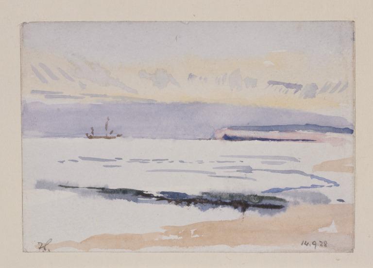 Ship in bay with distant cliffs card