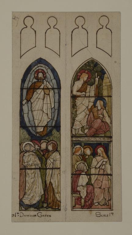 Stained Glass Design: the Ascension and Resurrection (Recto); Sketch of Church Tower (Verso) card