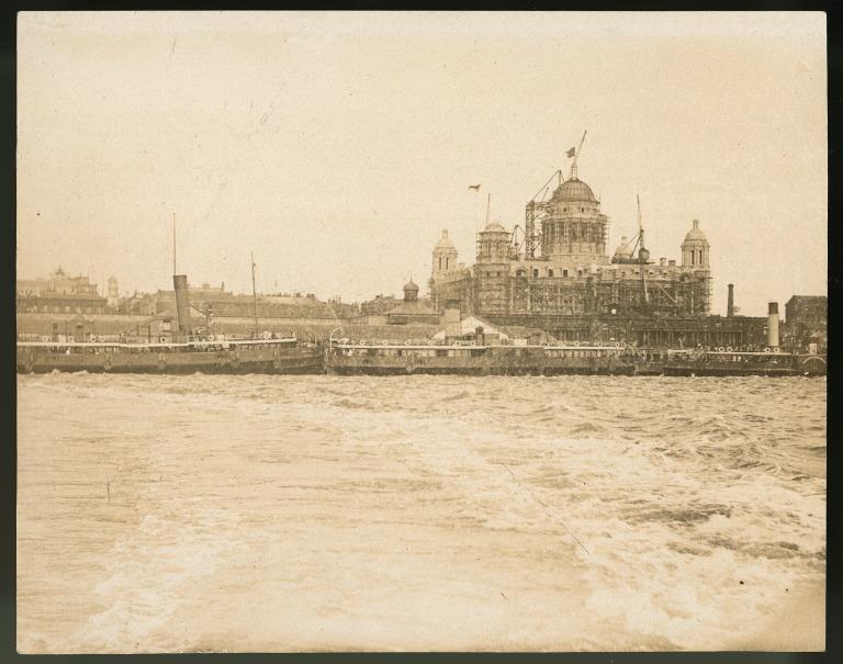 Photograph of the Mersey showing the Port of Liverpool Building under construction card