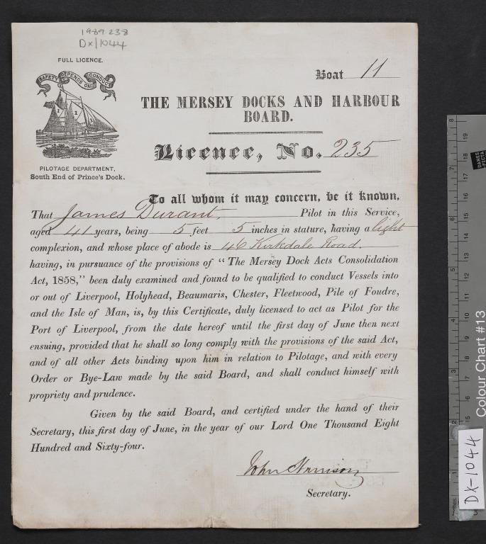 Pilots licence issued by Mersey Docks and Harbour Board (MDHB) to James Durant of Liverpool, 1 Jun 1864 for Pilot Boat 11. card