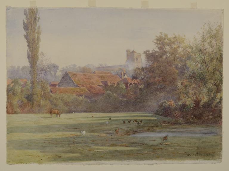 English Landscape with Farm Buildings, a Church and a Grazing Horse card