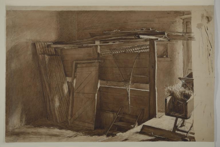 Interior Scene of Shed or Barn with Hay Rake and Chopper (Recto); Sleeping Farm Hand (Verso) card