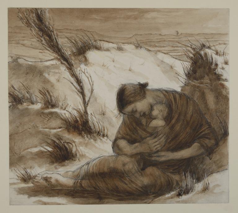 Woman Clasping Baby Lying among Sanddunes with Man in the Background card