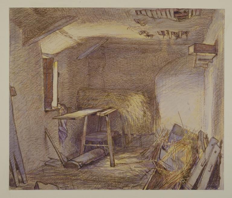 Interior of Farm Shed with Sheaf of Corn on Table (Recto); Landscape Studies (Verso) card