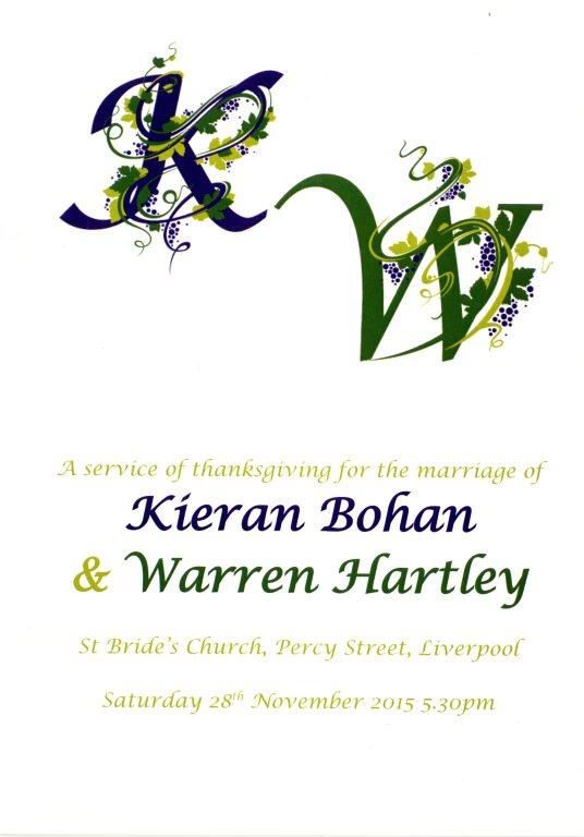 Order of service, 'The blessing of the civil partnership of Kieran Bohan & Warren Hartley' card