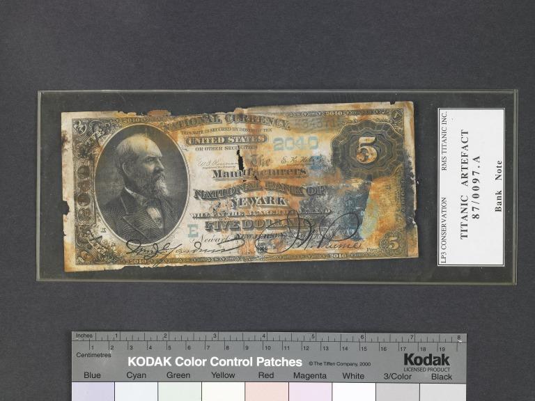 American 5$ bank note from Titanic wreck site card