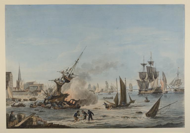 View of Liverpool from the Fort with a Ship on Fire card