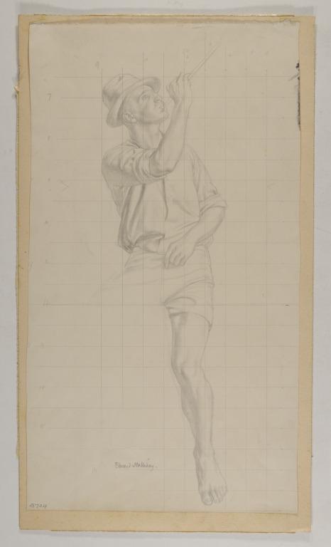 Draped Study of Man in Hat Blowing Pipe with Raised Right Arm for 'Bunyan' card