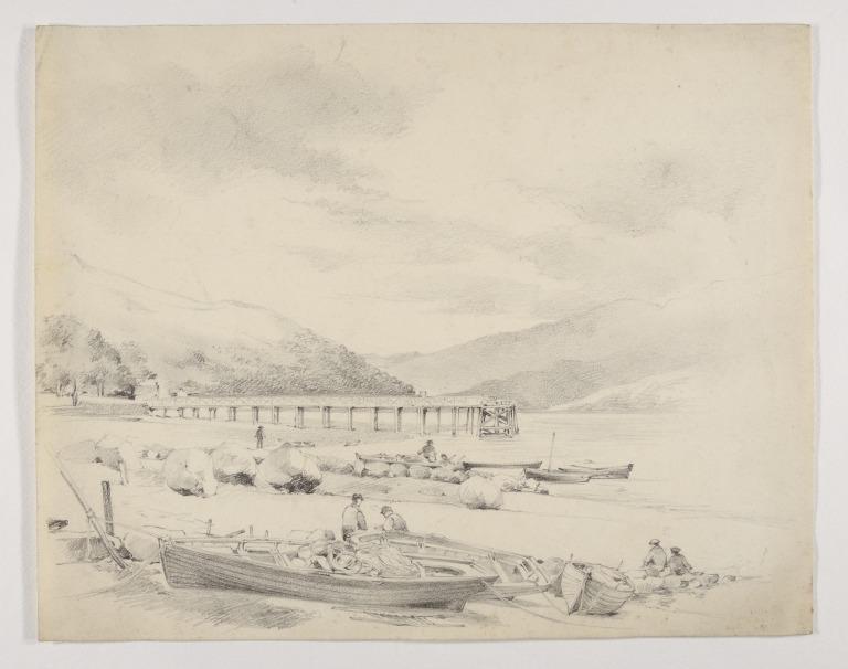 Lake Scene with Pier and Men with Boats in Foreground card