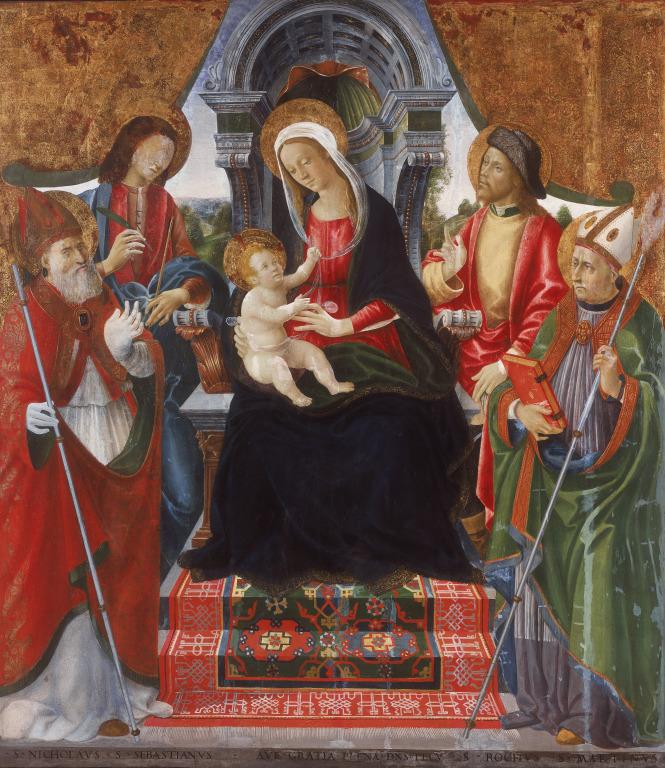 Madonna and Child with Saints Nicholas, Sebastian, Roch and Martin card