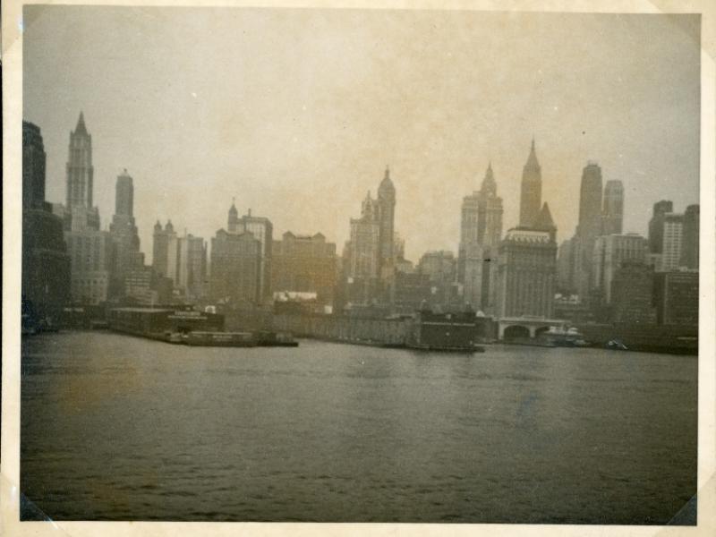 Photograph of the Manhattan skyline taken from the deck of R.M.S. Queen ...