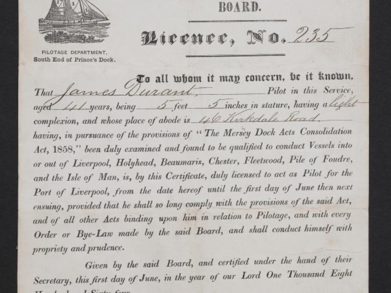 Pilots licence issued by Mersey Docks and Harbour Board (MDHB) to James ...